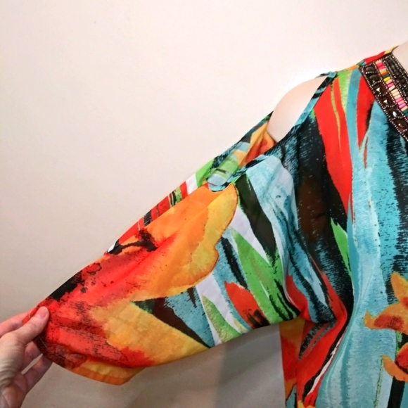 Melissa Paige Orange, Green/Blue Tropical Floral Beaded Tunic Top Swimsuit Cover - Picture 3 of 9